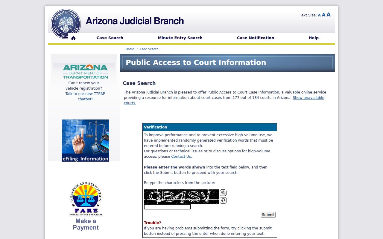 Pinal County resident lookup at the Arizona public court case search