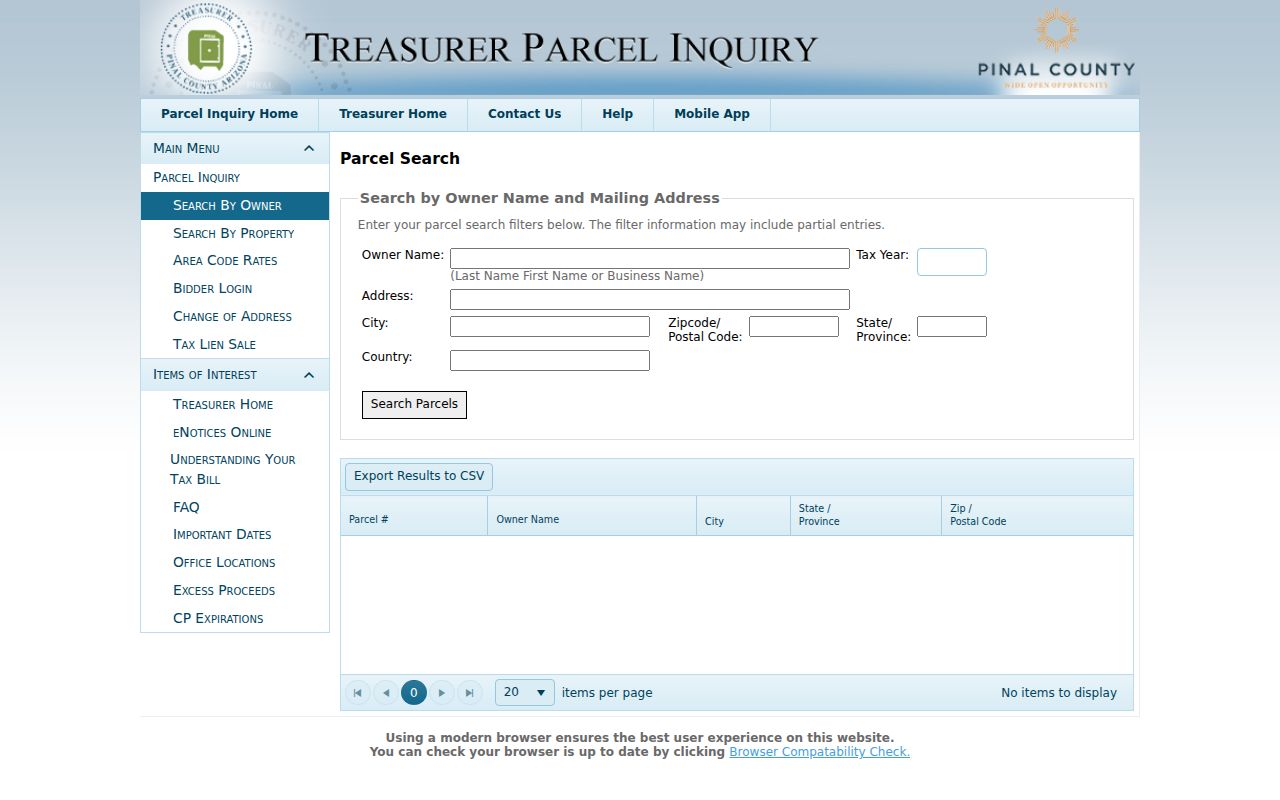 Pinal County street directory tax owner and mailing address search