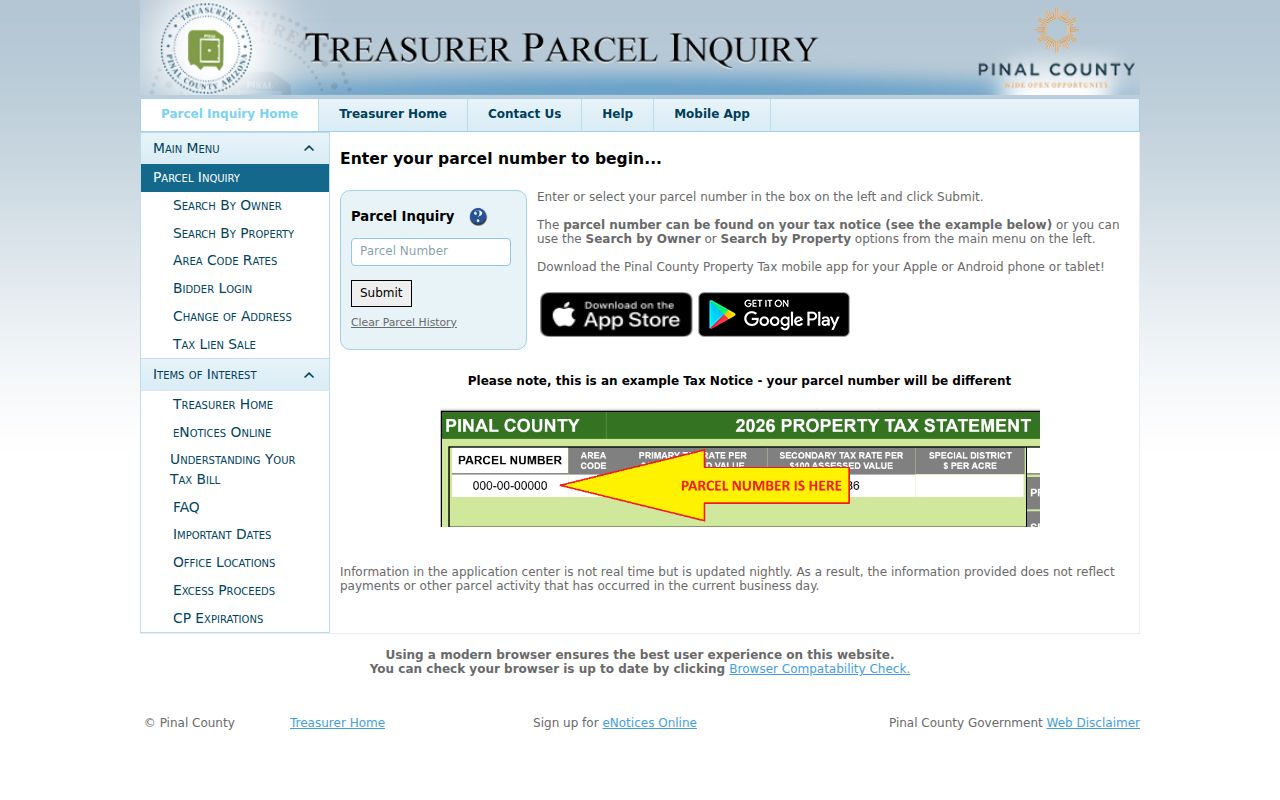 Pinal County street directory Treasurer parcel inquiry